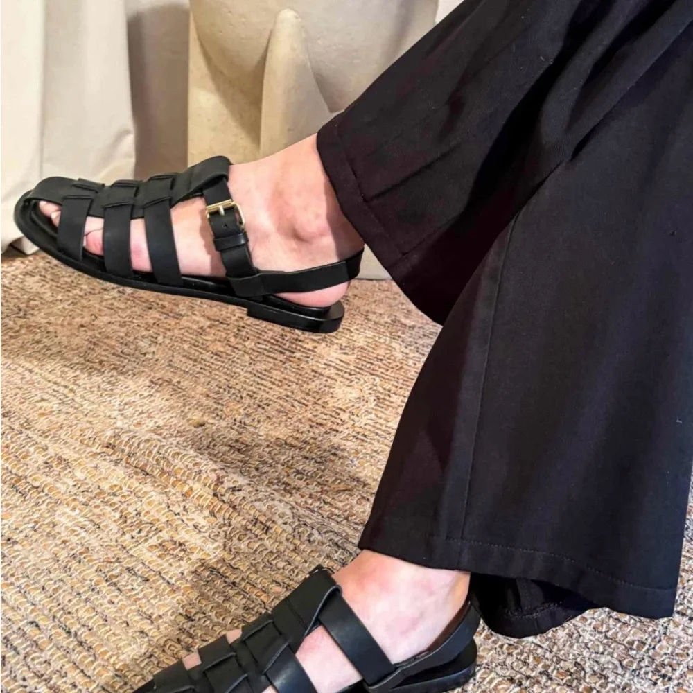 Mansur Gavriel Fisherman Sandals - Black Leather Sandals with Gold Buckle - Picture 6 of 11